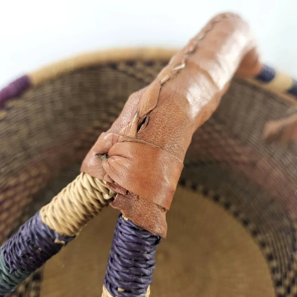 Large‎ Hand Woven Natural African Market Basket Leather Handle 16” Reshapeable